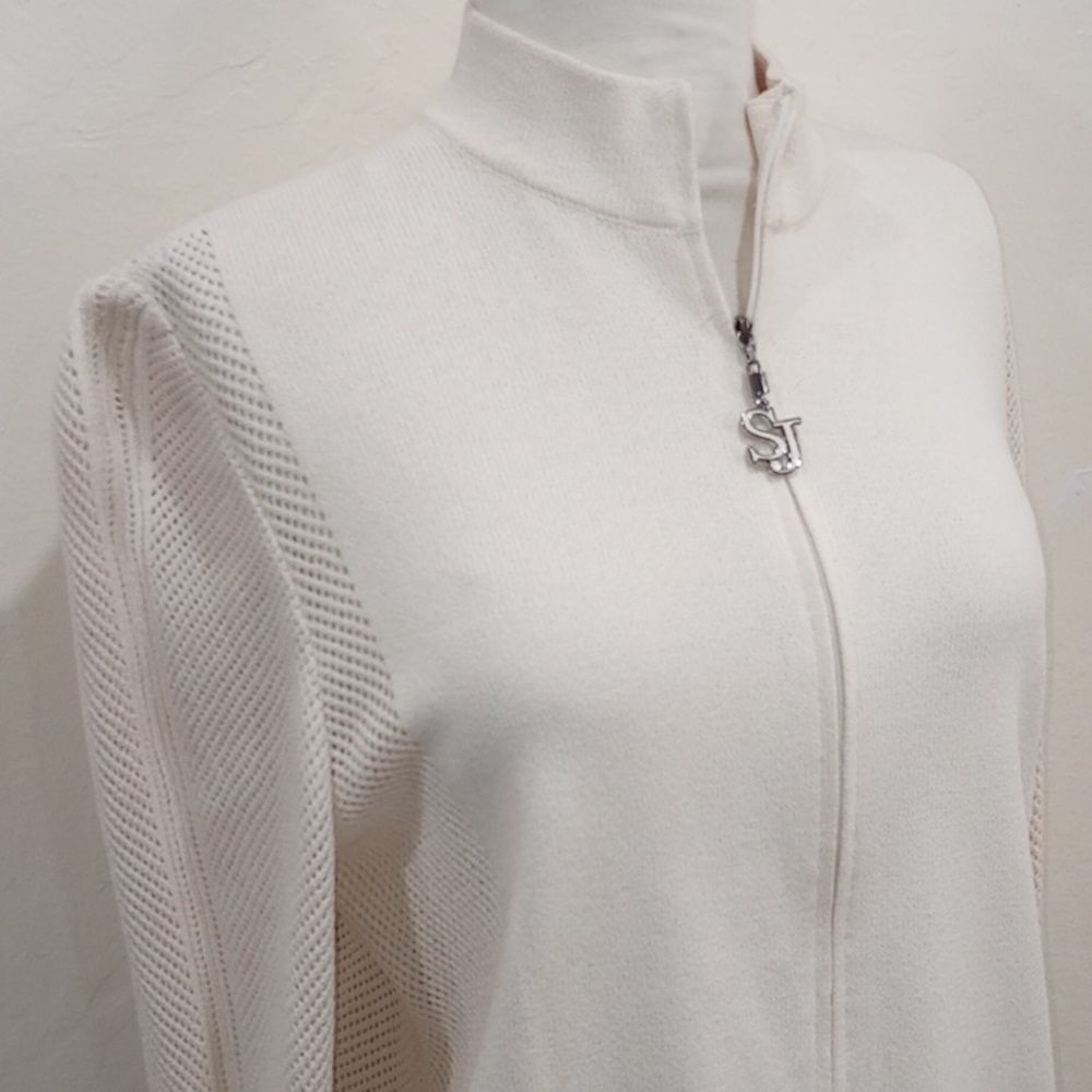 St John Sport Open Knit Wool Cream Zip Up Cardigan, Size M
